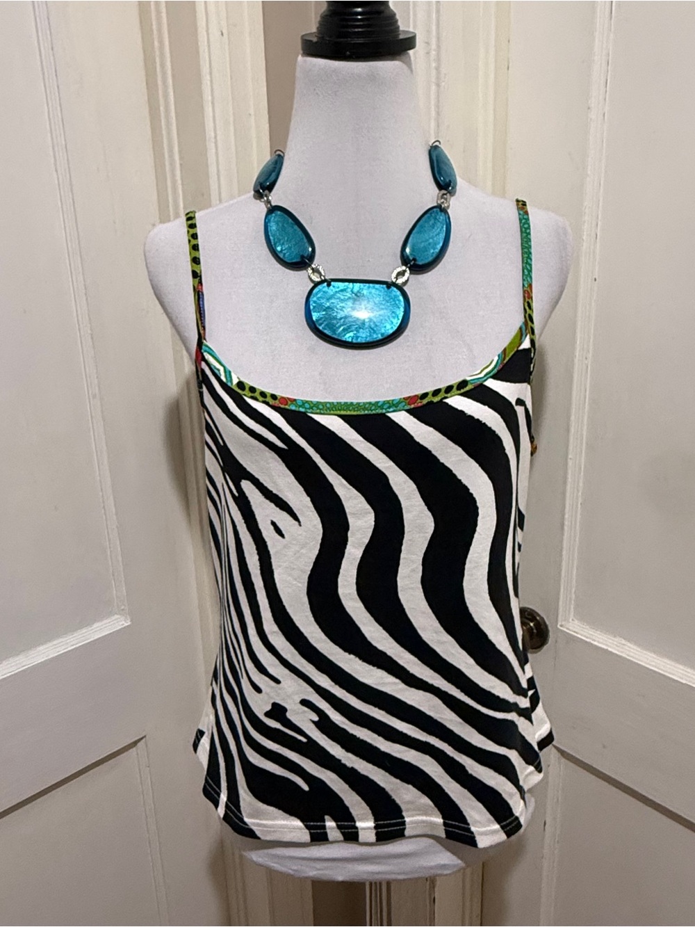 Joseph Ribkoff Black and White Zebra-Print Camisole with Color-Trim Straps Sz 14